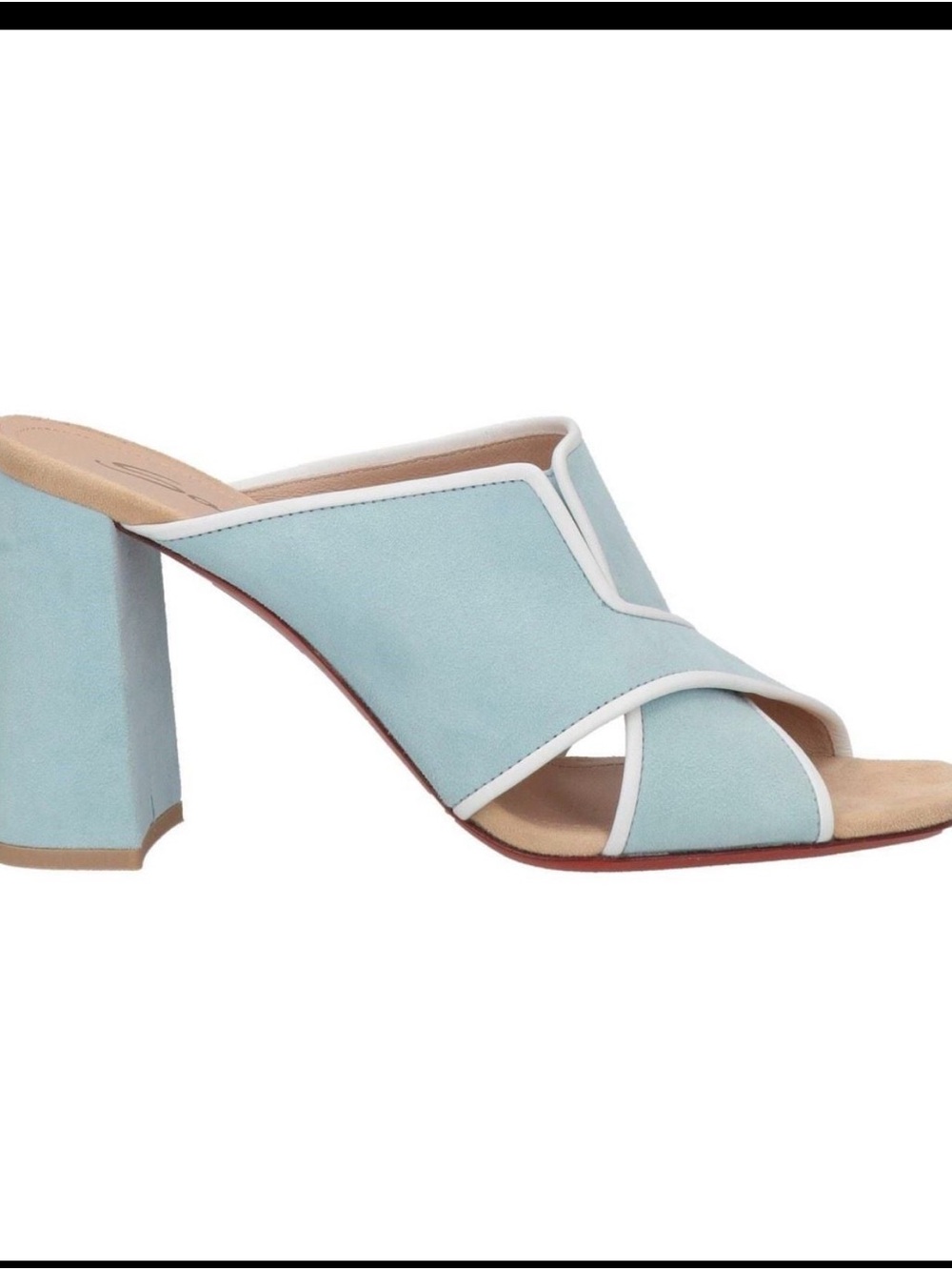 Santoni Light Blue Suede Open-Toe Block Heel Mules with White Trim